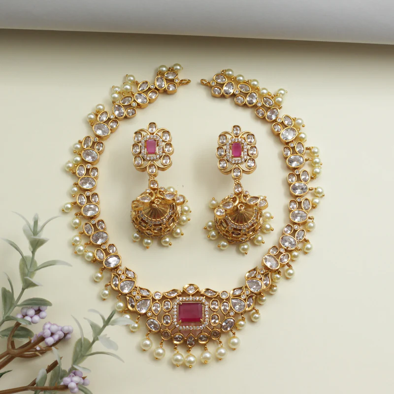 Diamond Look AD Doublet Bridal Necklace Set – Ruby